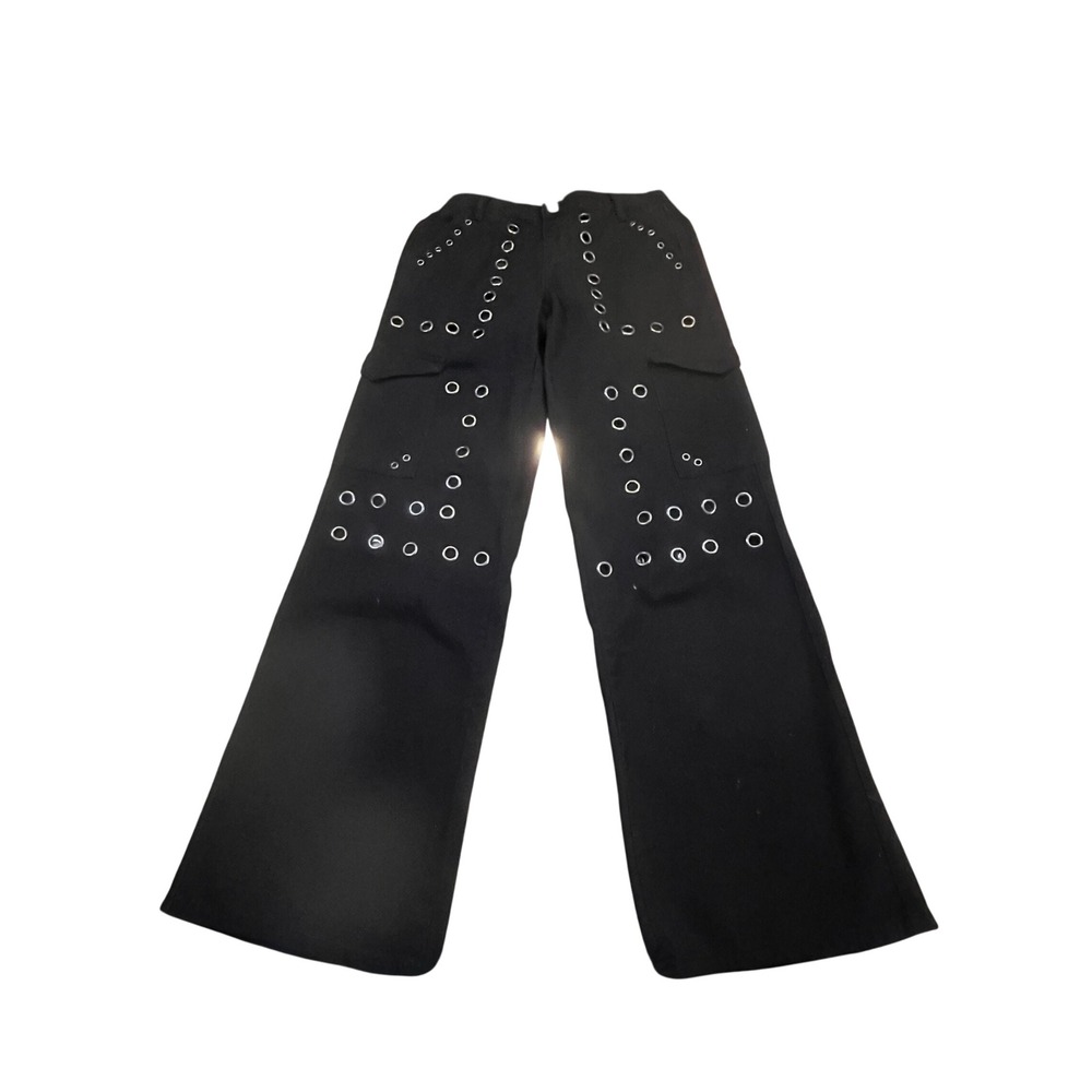 NEW Fashion Nova Womens Black Grommet Eyelet Cargo Jeans Wide Leg 0